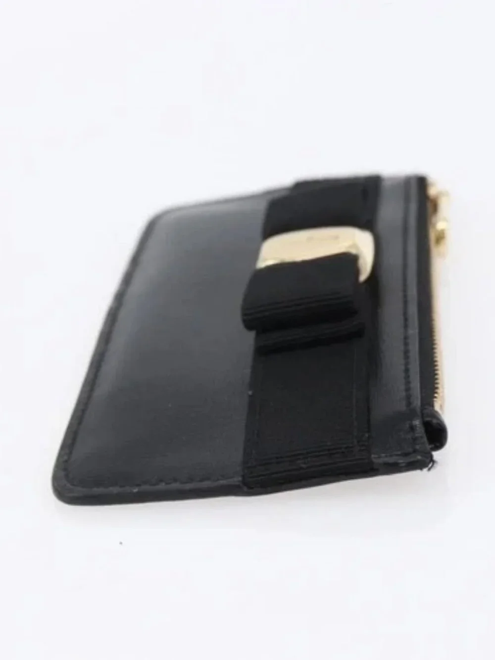 Salvatore Ferragamo Vala Card Case Leather Black Gold Auth BA8463